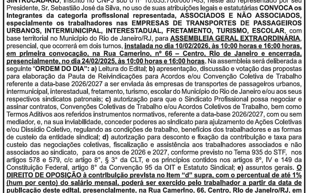 Edital de convocação para Assembleia Geral Extraordinária publicado no jornal O Dia.