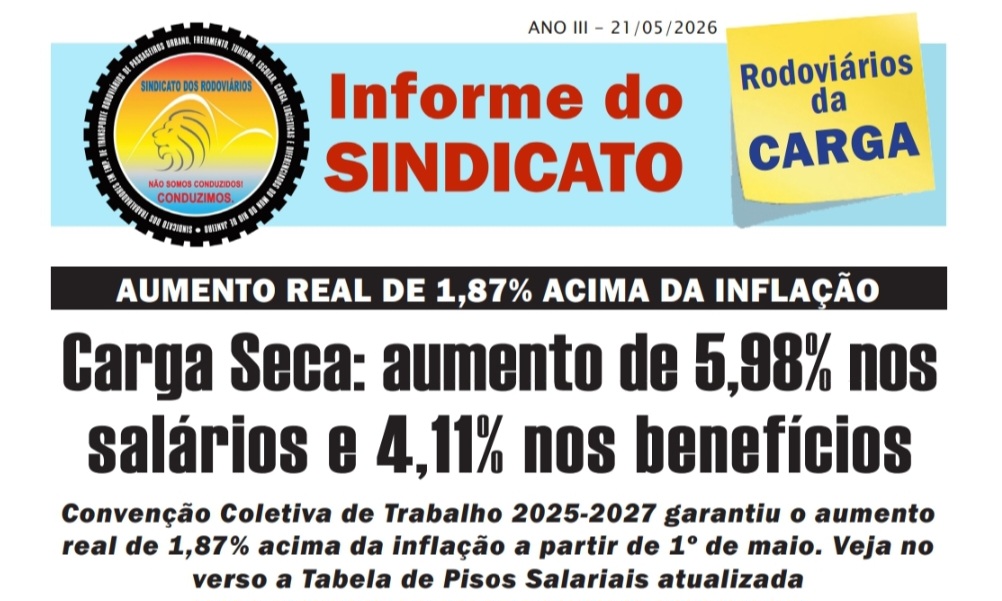 CARGA SECA: aumento de 5,98% nos salários e 4,11% nos benefícios